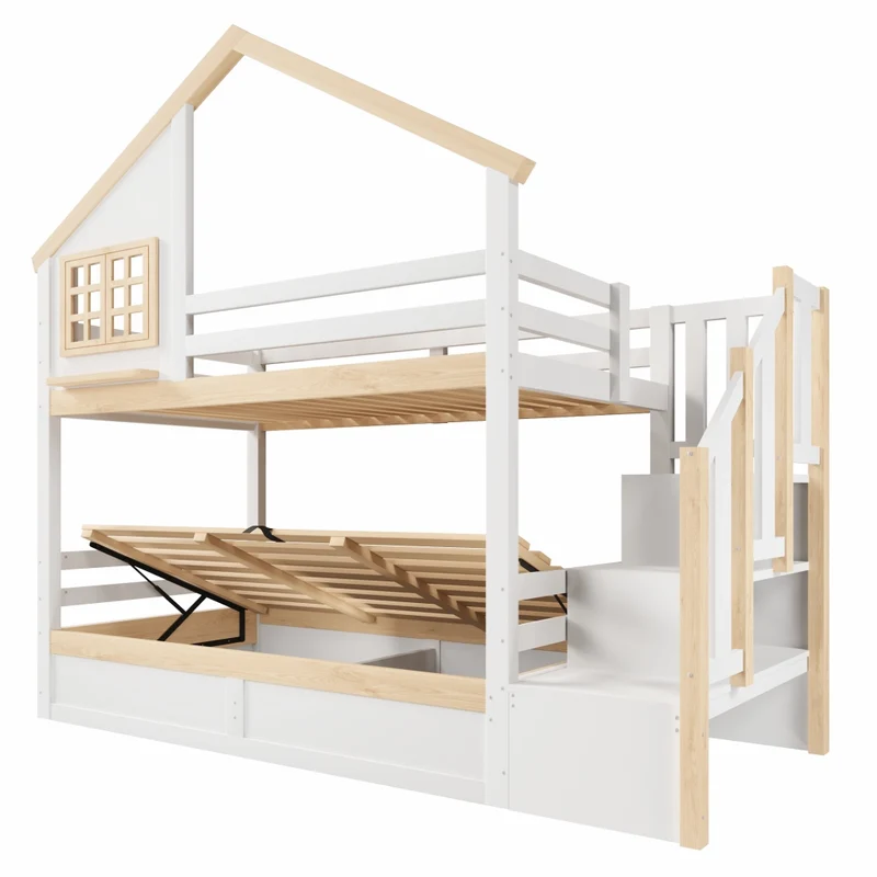 Letto a castello 90x200 cm a forma di casetta con contenitore idraulico; pino e MDF; bianco e naturale per bambini