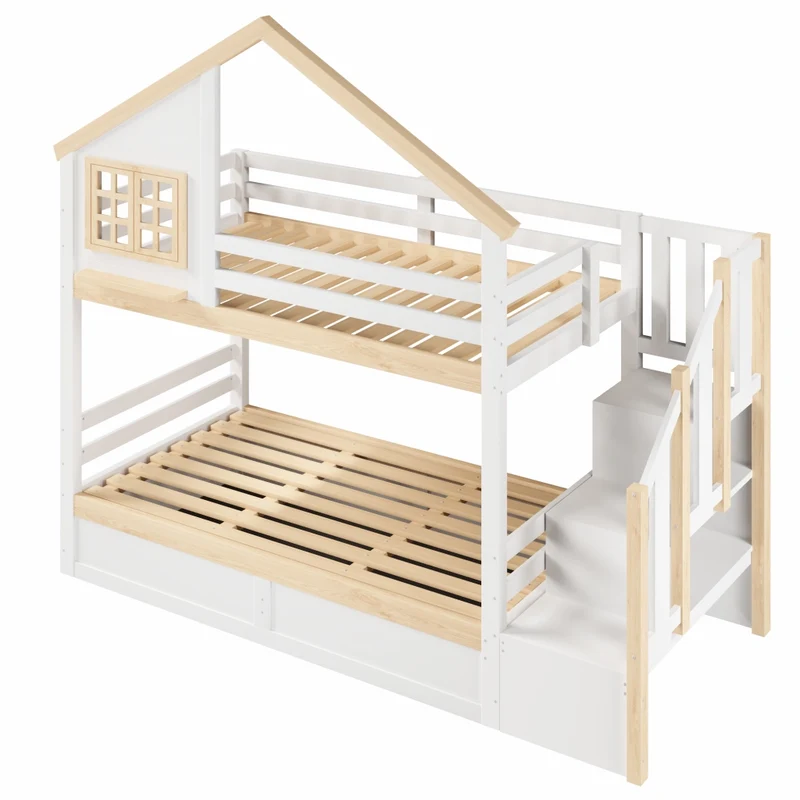 Letto a castello 90x200 cm a forma di casetta con contenitore idraulico; pino e MDF; bianco e naturale per bambini