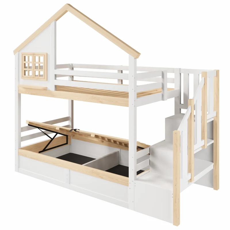Letto a castello 90x200 cm a forma di casetta con contenitore idraulico; pino e MDF; bianco e naturale per bambini