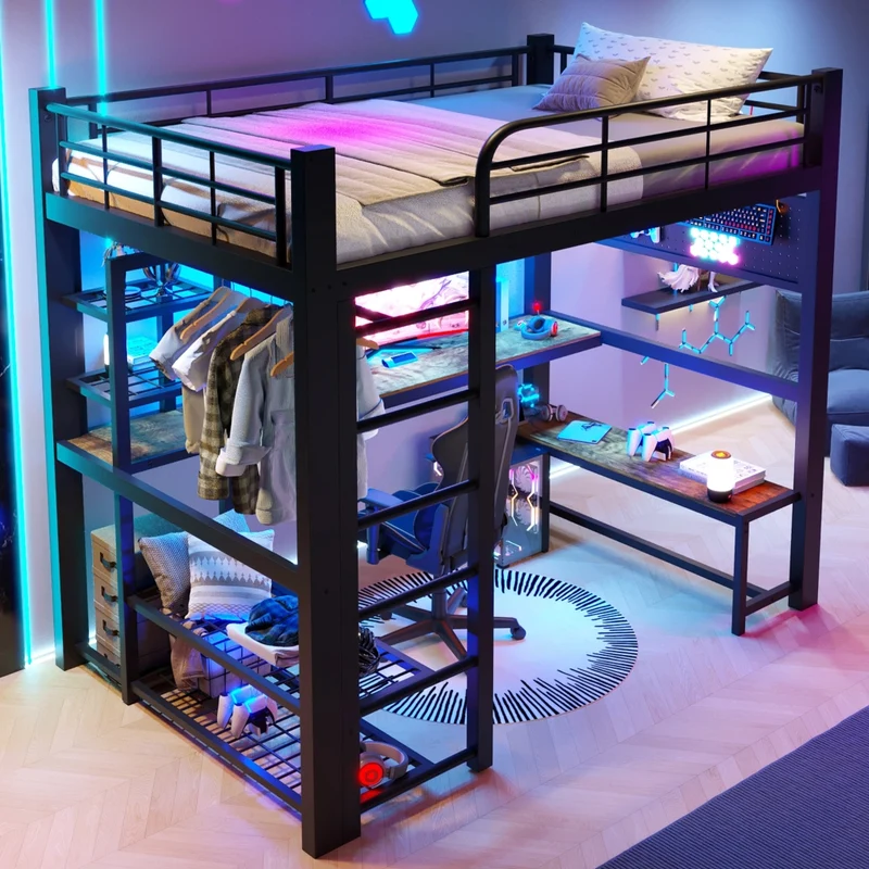 Letto a soppalco in metallo 140x200 cm con scrivania in legno; LED; scaffali e barra appendiabiti; nero