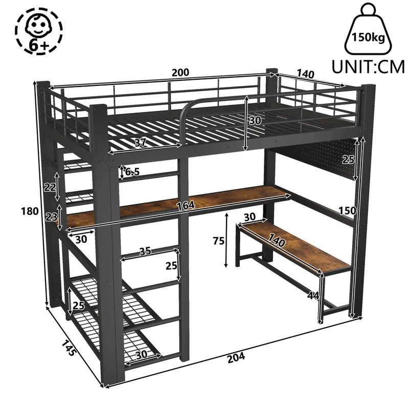 Letto a soppalco in metallo 140x200 cm con scrivania in legno; LED; scaffali e barra appendiabiti; nero