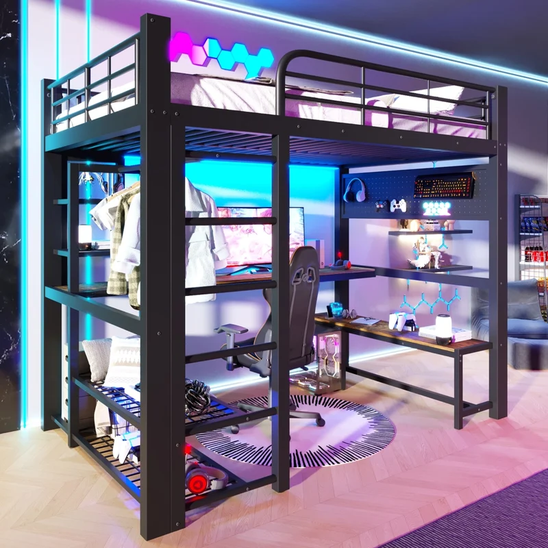Letto a soppalco in metallo 140x200 cm con scrivania in legno; LED; scaffali e barra appendiabiti; nero