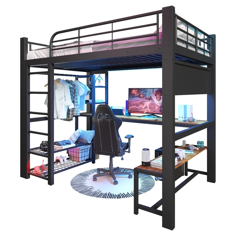 Letto a soppalco in metallo 140x200 cm con scrivania in legno; LED; scaffali e barra appendiabiti; nero