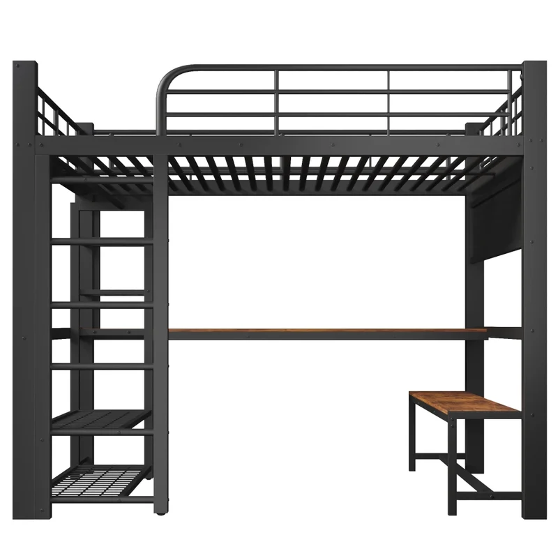 Letto a soppalco in metallo 140x200 cm con scrivania in legno; LED; scaffali e barra appendiabiti; nero