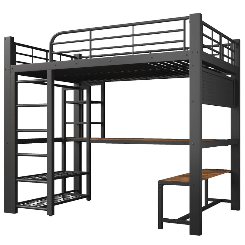 Letto a soppalco in metallo 140x200 cm con scrivania in legno; LED; scaffali e barra appendiabiti; nero