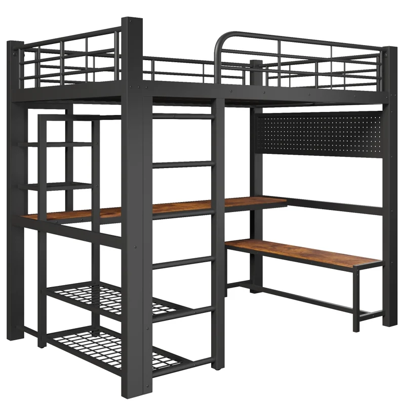 Letto a soppalco in metallo 140x200 cm con scrivania in legno; LED; scaffali e barra appendiabiti; nero
