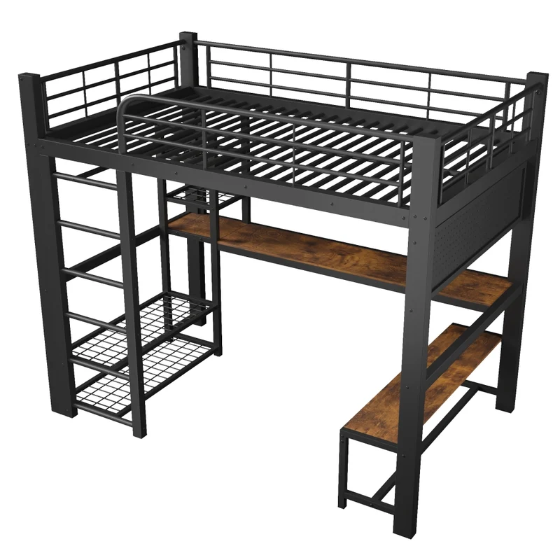 Letto a soppalco in metallo 140x200 cm con scrivania in legno; LED; scaffali e barra appendiabiti; nero