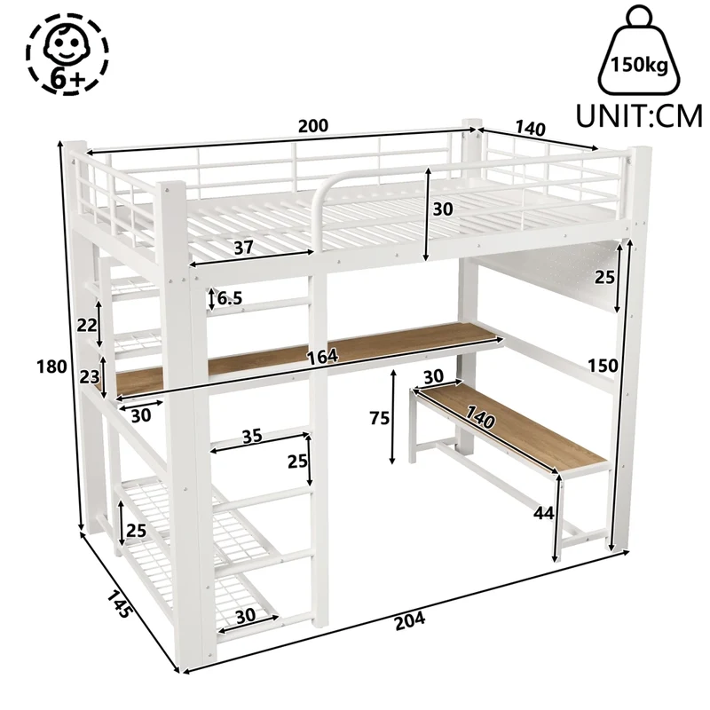 Letto a soppalco 140x200 cm in metallo con scrivania; LED e scala contenitore bianco
