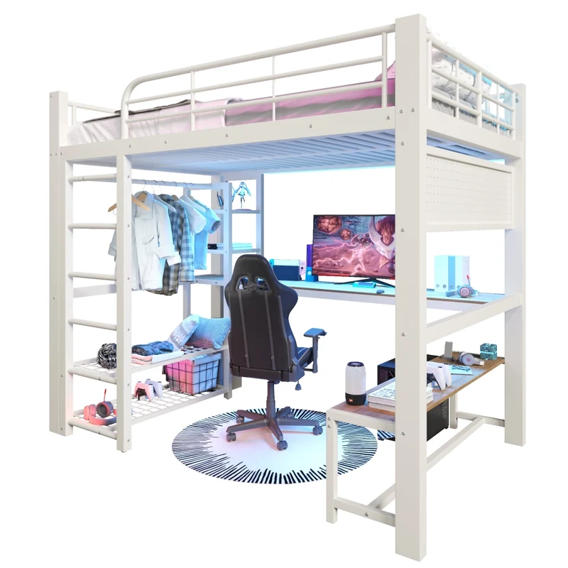 Letto a soppalco 140x200 cm in metallo con scrivania; LED e scala contenitore bianco