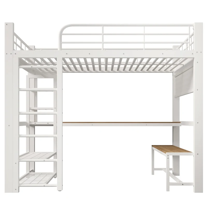 Letto a soppalco 140x200 cm in metallo con scrivania; LED e scala contenitore bianco