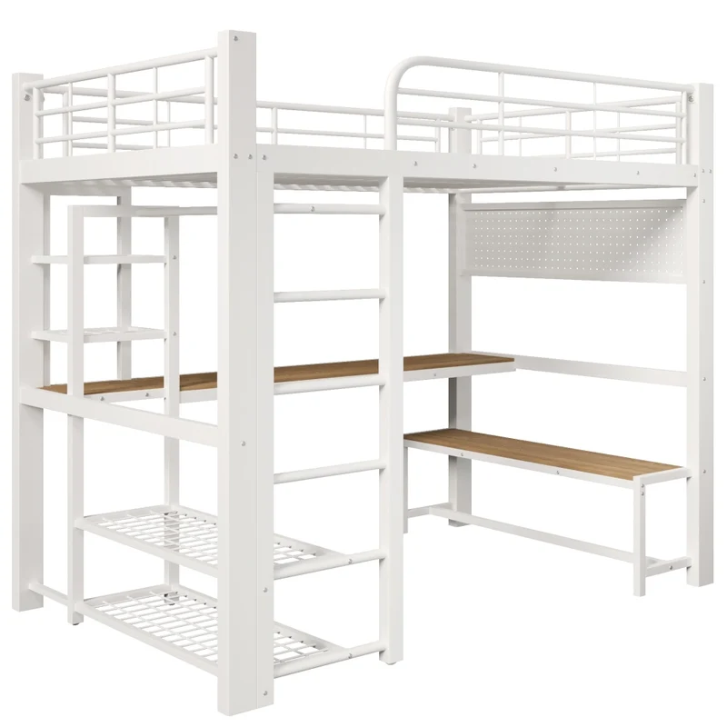 Letto a soppalco 140x200 cm in metallo con scrivania; LED e scala contenitore bianco