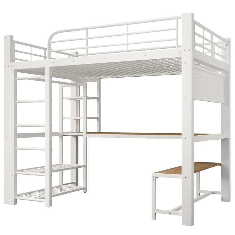 Letto a soppalco 140x200 cm in metallo con scrivania; LED e scala contenitore bianco