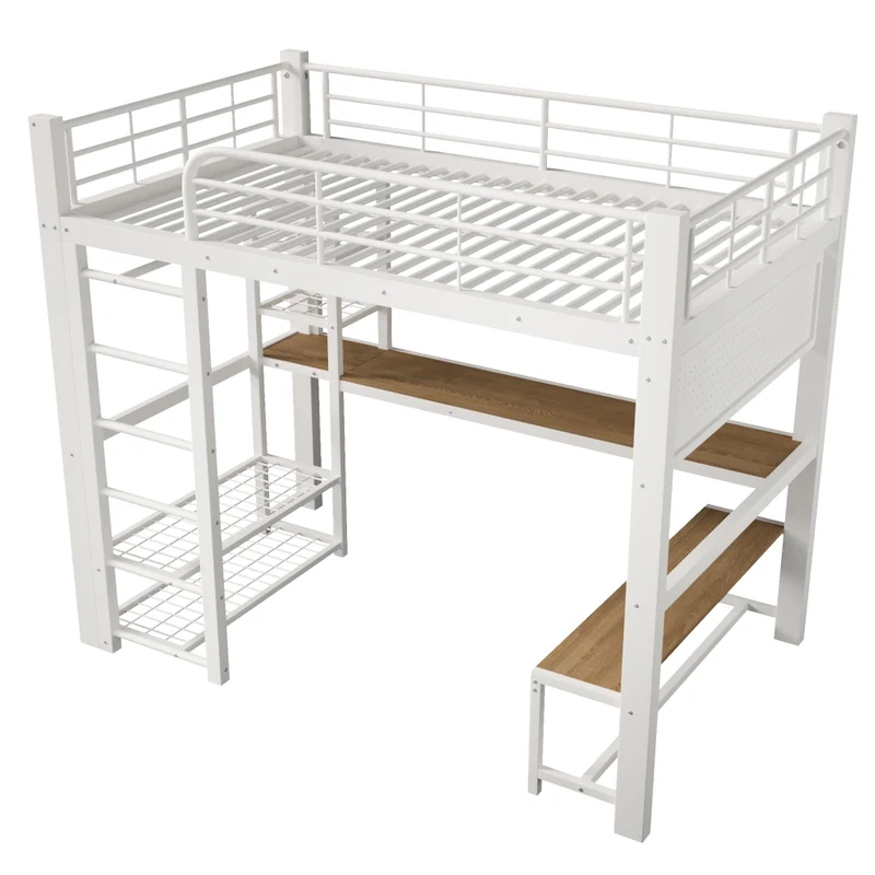 Letto a soppalco 140x200 cm in metallo con scrivania; LED e scala contenitore bianco