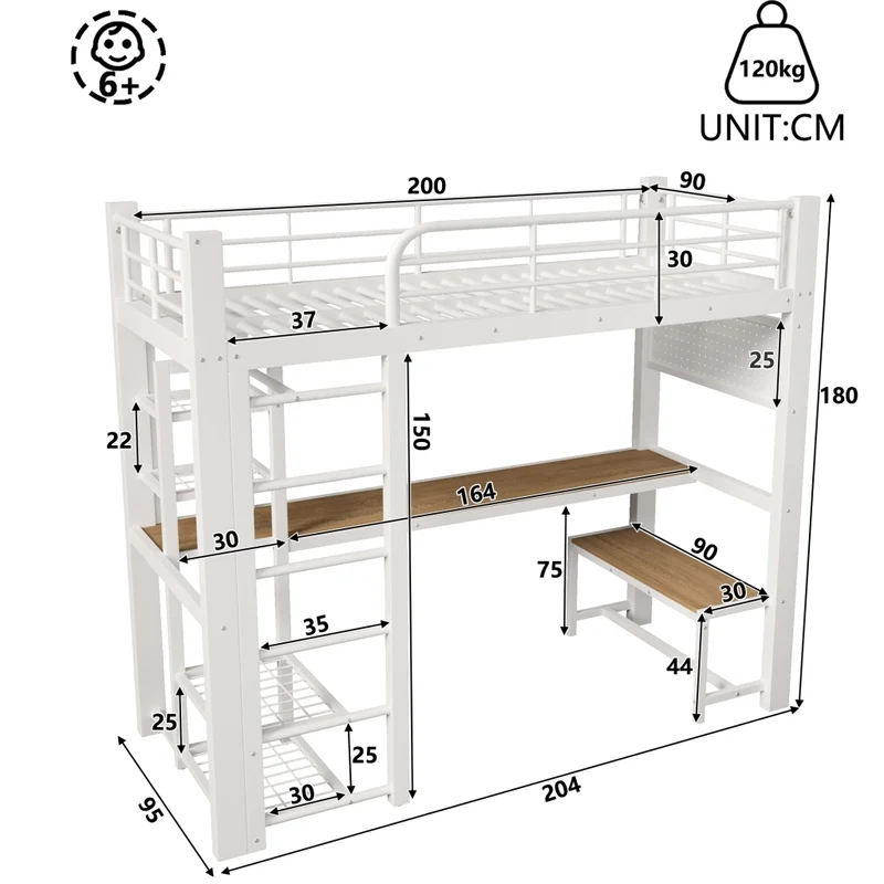Letto a soppalco 90x200 in metallo con scrivania e luci LED bianco