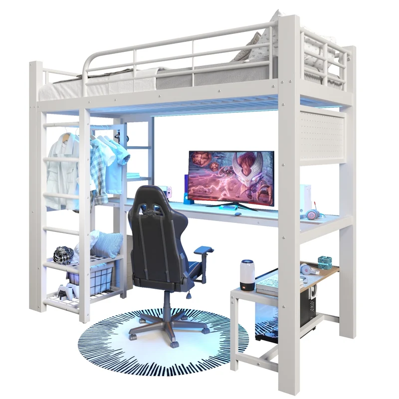 Letto a soppalco 90x200 in metallo con scrivania e luci LED bianco