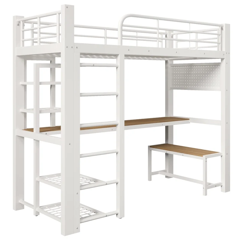 Letto a soppalco 90x200 in metallo con scrivania e luci LED bianco