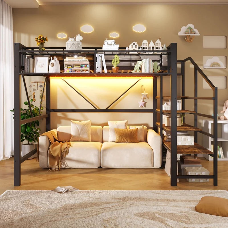 Letto a soppalco 140x200 cm in metallo e MDF con scaffale a scaletta; LED e spazio aperto; nero