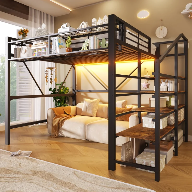 Letto a soppalco 140x200 cm in metallo e MDF con scaffale a scaletta; LED e spazio aperto; nero