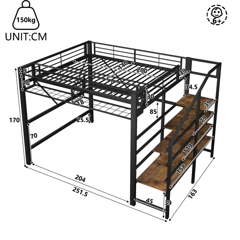 Letto a soppalco 140x200 cm in metallo e MDF con scaffale a scaletta; LED e spazio aperto; nero
