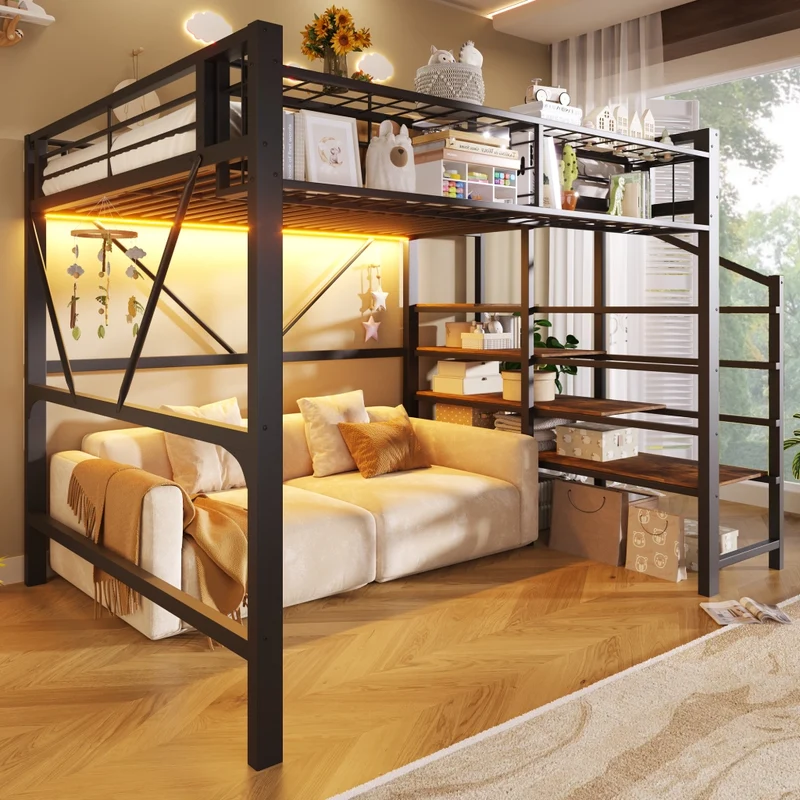 Letto a soppalco 140x200 cm in metallo e MDF con scaffale a scaletta; LED e spazio aperto; nero