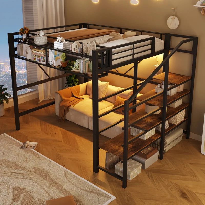 Letto a soppalco 140x200 cm in metallo e MDF con scaffale a scaletta; LED e spazio aperto; nero