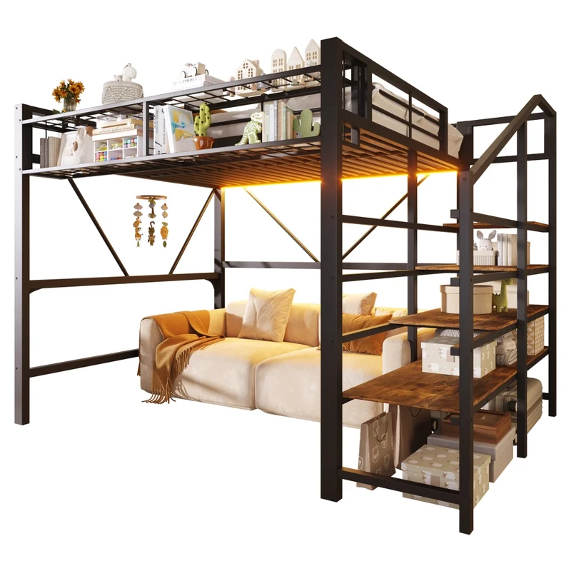 Letto a soppalco 140x200 cm in metallo e MDF con scaffale a scaletta; LED e spazio aperto; nero