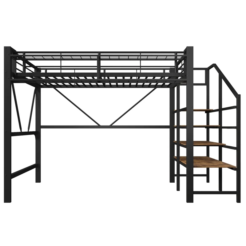 Letto a soppalco 140x200 cm in metallo e MDF con scaffale a scaletta; LED e spazio aperto; nero