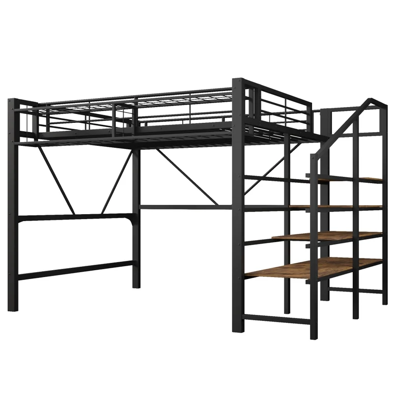 Letto a soppalco 140x200 cm in metallo e MDF con scaffale a scaletta; LED e spazio aperto; nero