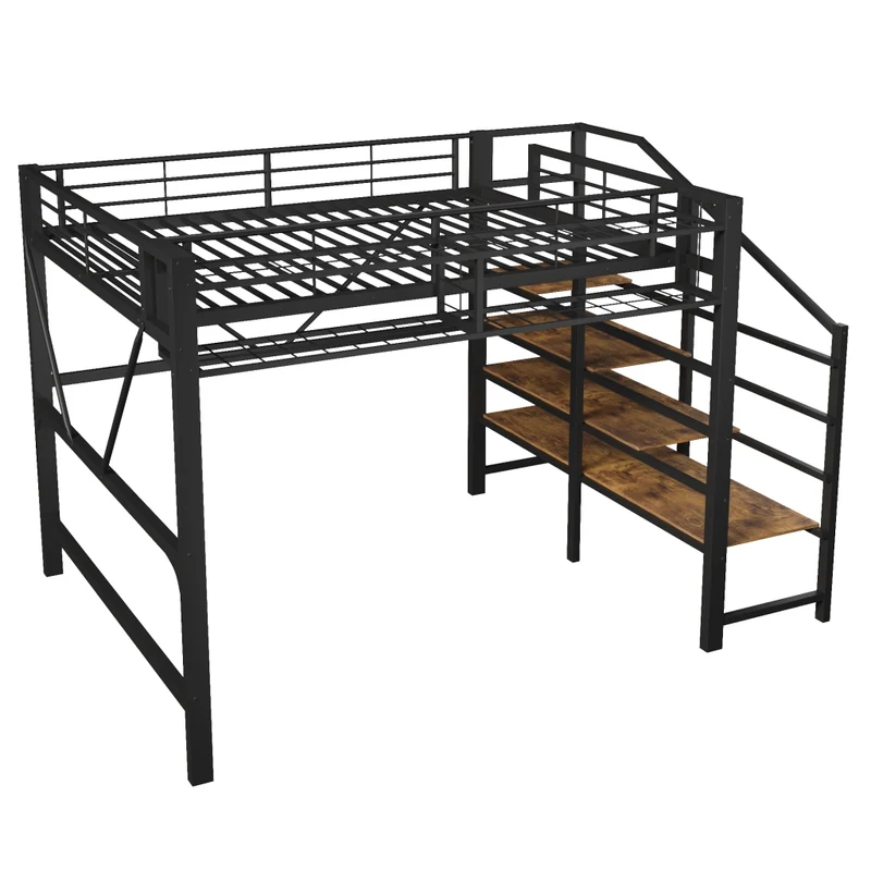 Letto a soppalco 140x200 cm in metallo e MDF con scaffale a scaletta; LED e spazio aperto; nero