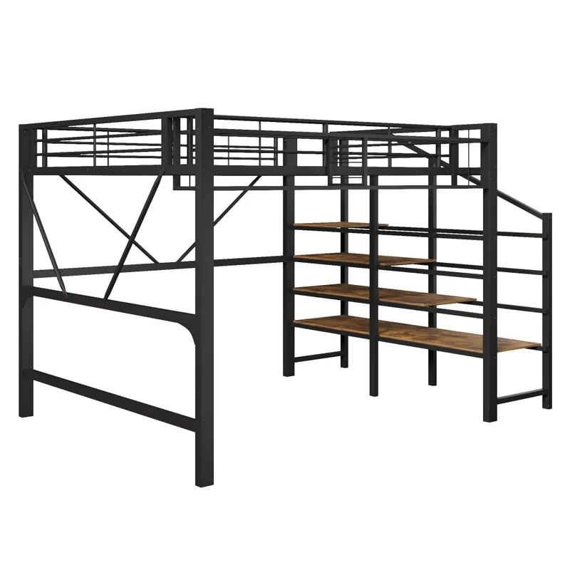 Letto a soppalco 140x200 cm in metallo e MDF con scaffale a scaletta; LED e spazio aperto; nero