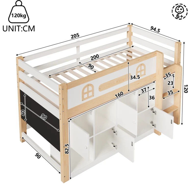 Letto rialzato 90x200 cm con scala; lavagna integrata e vani portaoggetti in pino e MDF; bianco e naturale