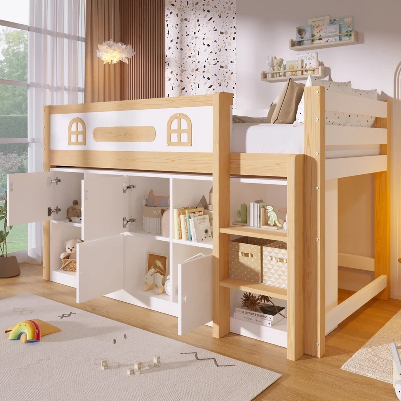 Letto rialzato 90x200 cm con scala; lavagna integrata e vani portaoggetti in pino e MDF; bianco e naturale