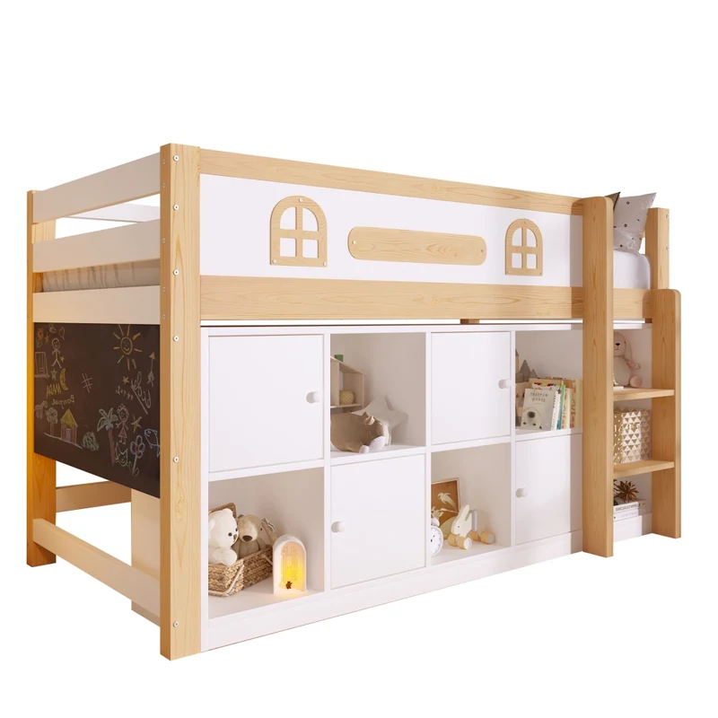 Letto rialzato 90x200 cm con scala; lavagna integrata e vani portaoggetti in pino e MDF; bianco e naturale