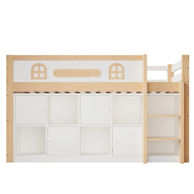 Letto rialzato 90x200 cm con scala; lavagna integrata e vani portaoggetti in pino e MDF; bianco e naturale