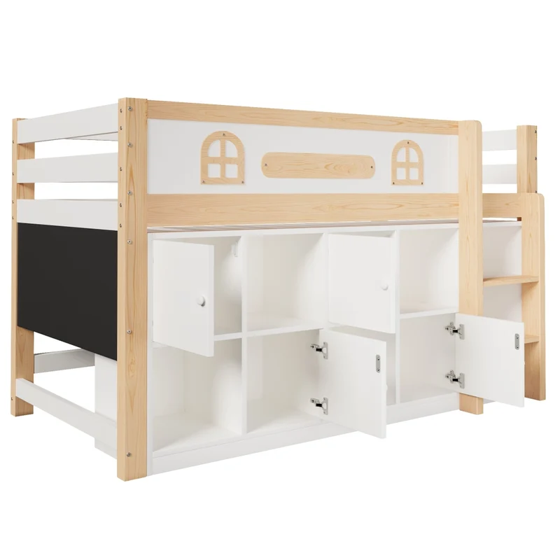 Letto rialzato 90x200 cm con scala; lavagna integrata e vani portaoggetti in pino e MDF; bianco e naturale