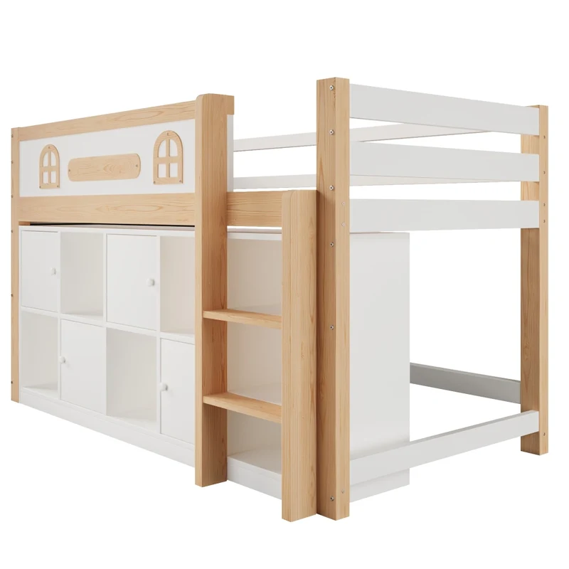 Letto rialzato 90x200 cm con scala; lavagna integrata e vani portaoggetti in pino e MDF; bianco e naturale