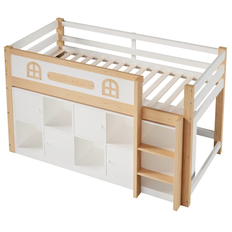 Letto rialzato 90x200 cm con scala; lavagna integrata e vani portaoggetti in pino e MDF; bianco e naturale
