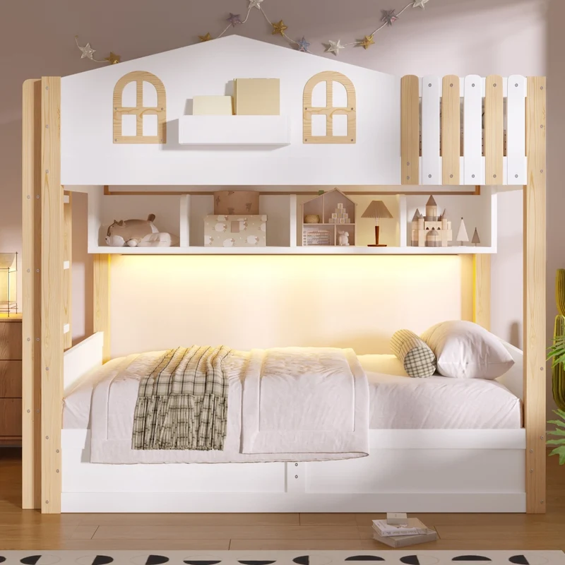 Letto a castello casetta 90x200 cm con contenitore idraulico e luci LED; in pino e MDF bianco e naturale