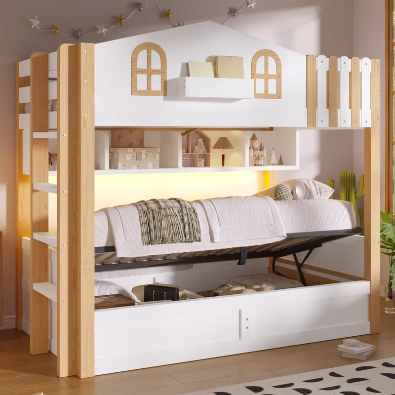 Letto a castello casetta 90x200 cm con contenitore idraulico e luci LED; in pino e MDF bianco e naturale