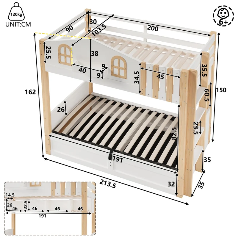 Letto a castello casetta 90x200 cm con contenitore idraulico e luci LED; in pino e MDF bianco e naturale