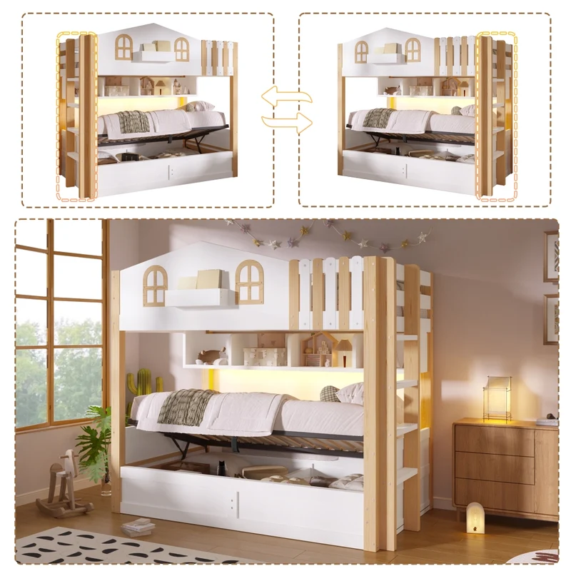 Letto a castello casetta 90x200 cm con contenitore idraulico e luci LED; in pino e MDF bianco e naturale