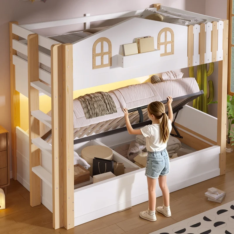 Letto a castello casetta 90x200 cm con contenitore idraulico e luci LED; in pino e MDF bianco e naturale