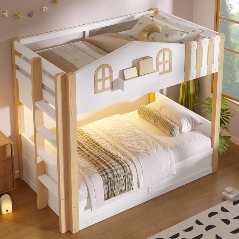 Letto a castello casetta 90x200 cm con contenitore idraulico e luci LED; in pino e MDF bianco e naturale