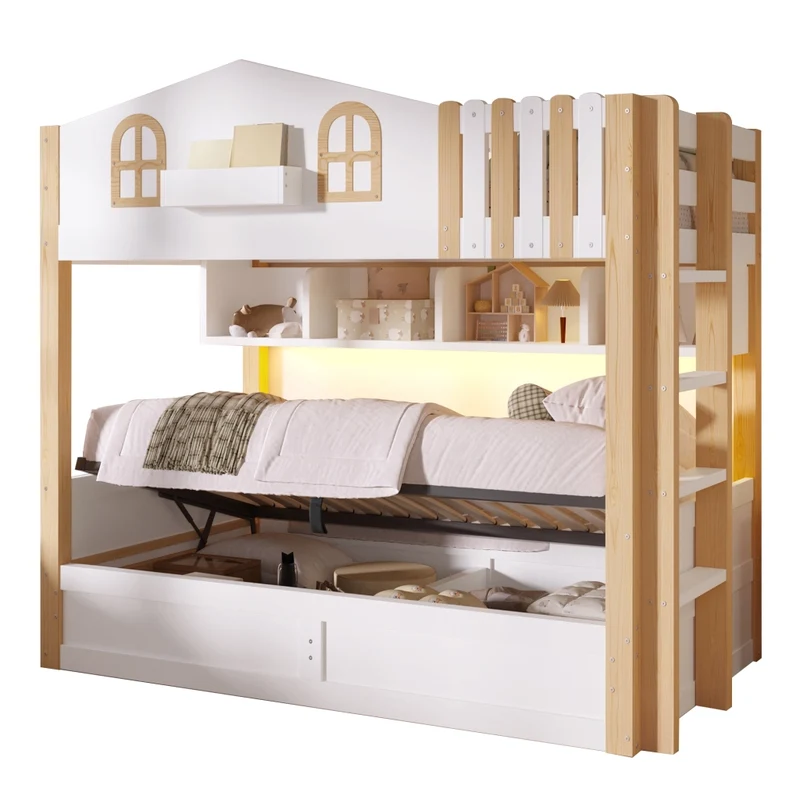 Letto a castello casetta 90x200 cm con contenitore idraulico e luci LED; in pino e MDF bianco e naturale