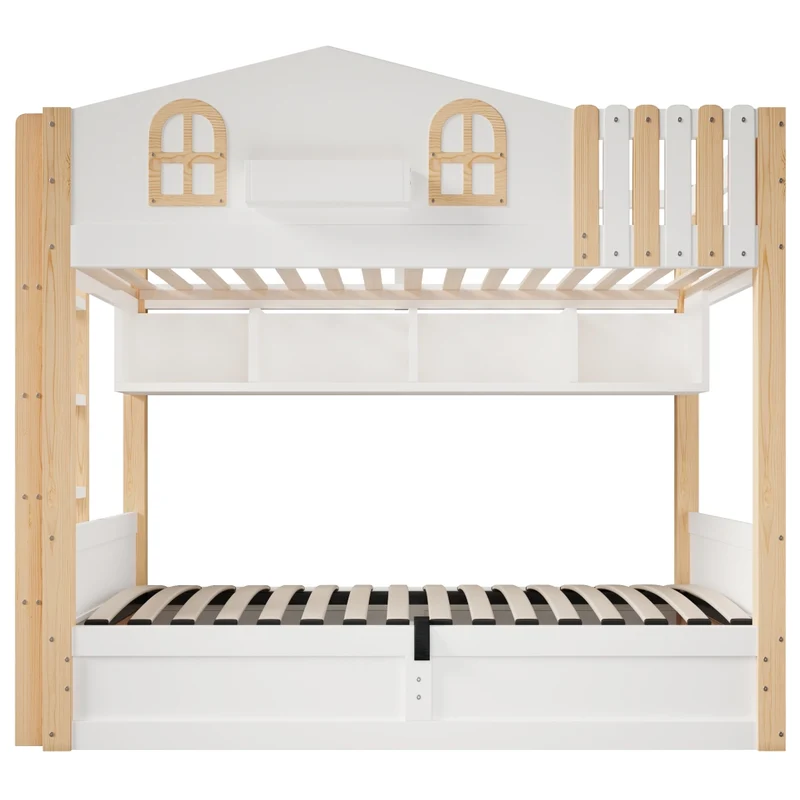 Letto a castello casetta 90x200 cm con contenitore idraulico e luci LED; in pino e MDF bianco e naturale