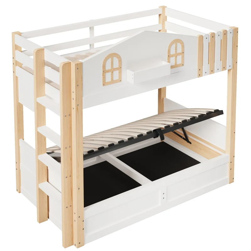 Letto a castello casetta 90x200 cm con contenitore idraulico e luci LED; in pino e MDF bianco e naturale
