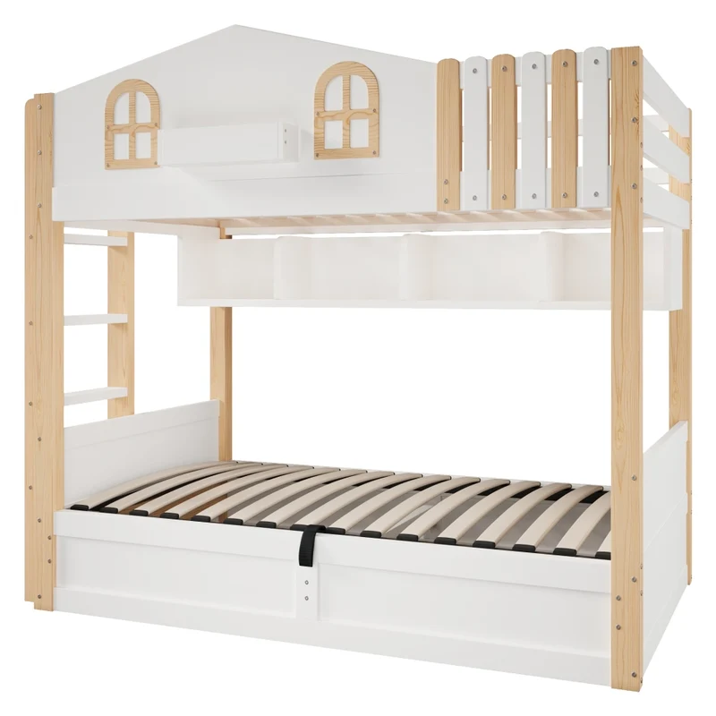 Letto a castello casetta 90x200 cm con contenitore idraulico e luci LED; in pino e MDF bianco e naturale