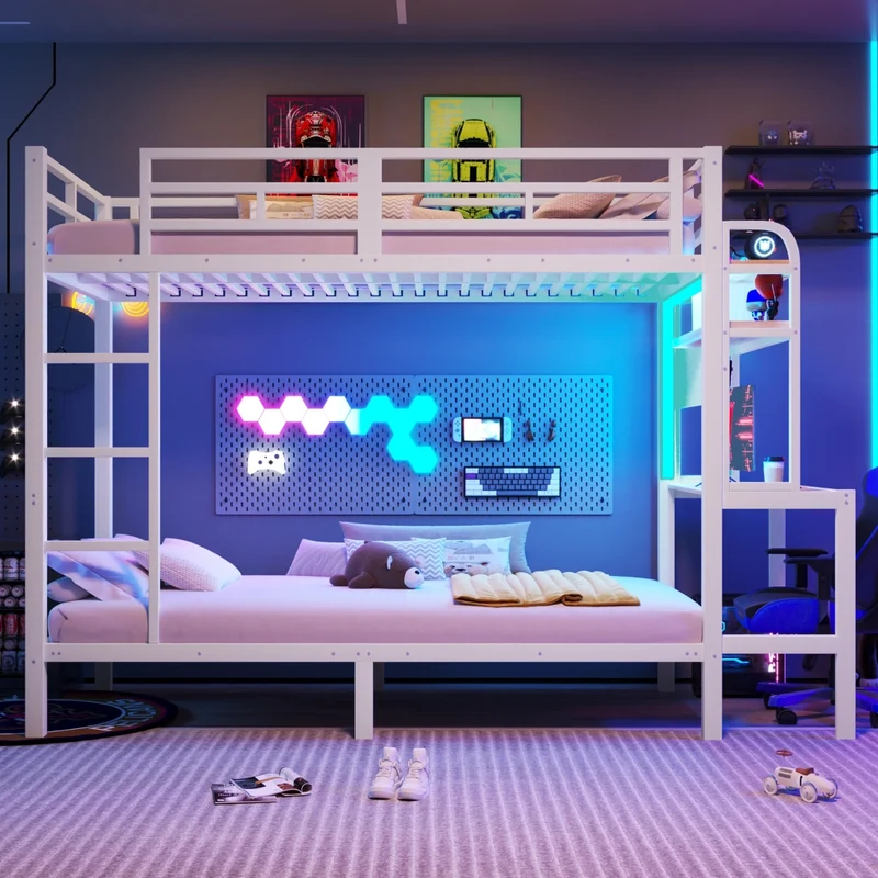 Letto a castello 90x200 cm con scrivania integrata; struttura in metallo e MDF; LED; USB e scaletta; bianco
