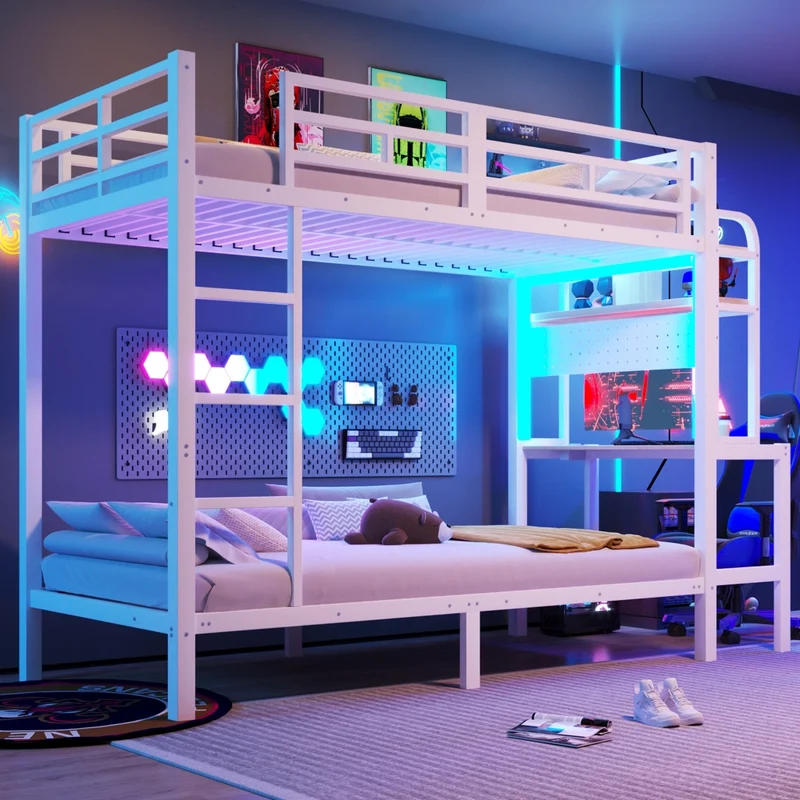 Letto a castello 90x200 cm con scrivania integrata; struttura in metallo e MDF; LED; USB e scaletta; bianco
