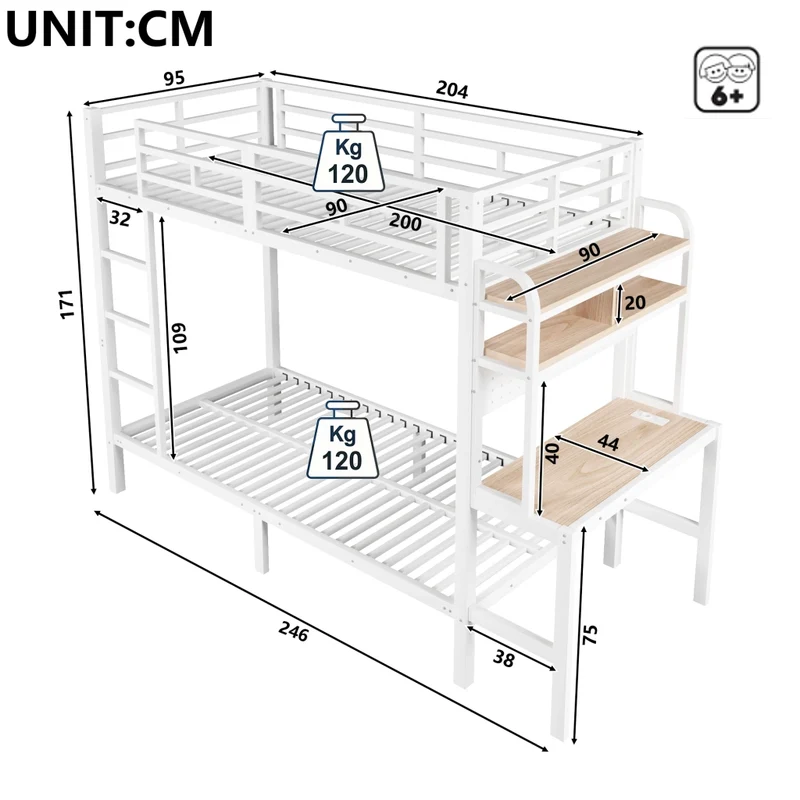 Letto a castello 90x200 cm con scrivania integrata; struttura in metallo e MDF; LED; USB e scaletta; bianco